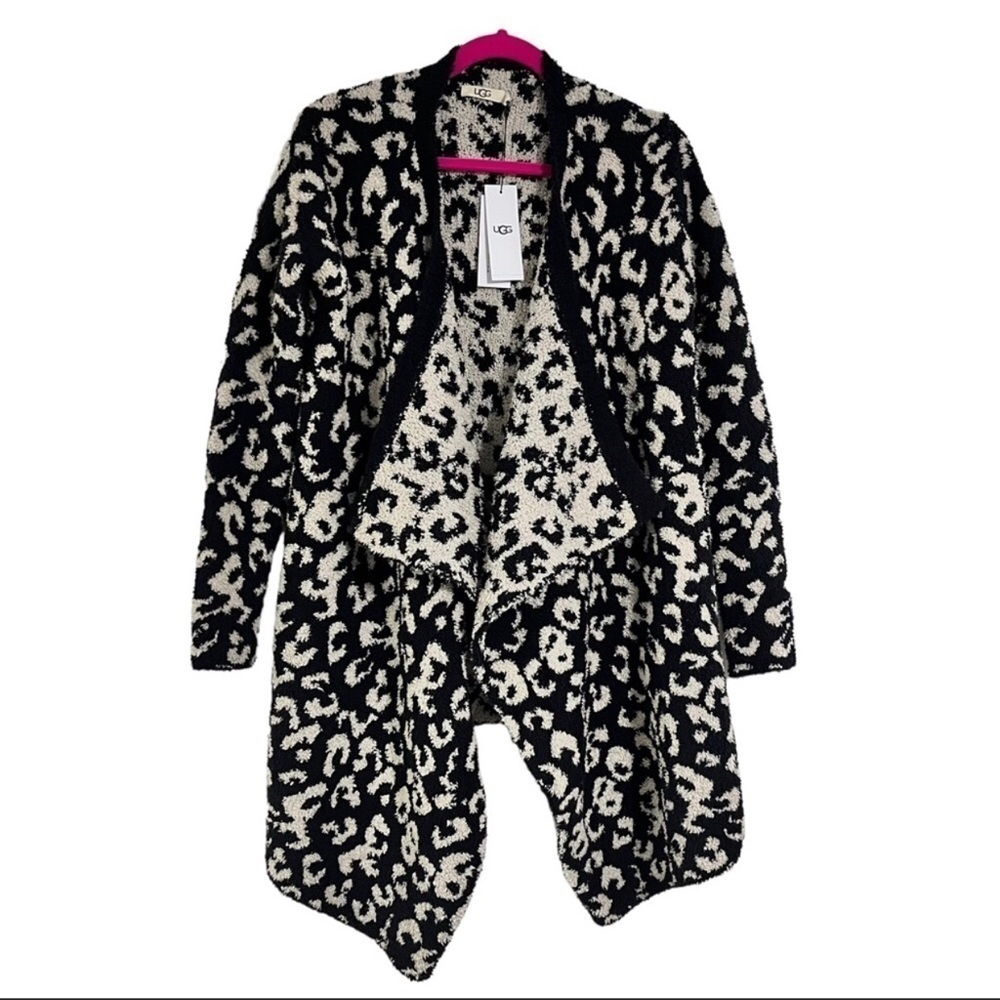 UGG Phoebe Leopard Knit Wrap Cardigan, Black + White, Size S - Picture 3 of 17